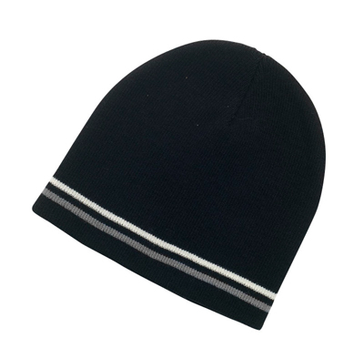 stripe beanie black grey 0006 The Legend Life Double Striped Beanie is a 55gsm, 100% acrylic, colour fast beanie. Black with White & Grey Stripe. Great embroidered beanies and branded headwear.