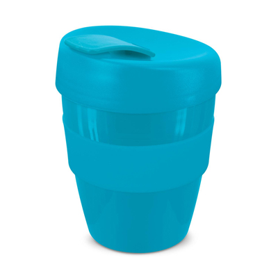The Trends Collection Express Cup Deluxe 350ml is a reusable coffee cup with heat resistant band.  Screw on lid.  Great branded coffee drinkware promo product.
