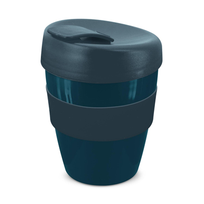 The Trends Collection Express Cup Deluxe 350ml is a reusable coffee cup with heat resistant band.  Screw on lid.  Great branded coffee drinkware promo product.