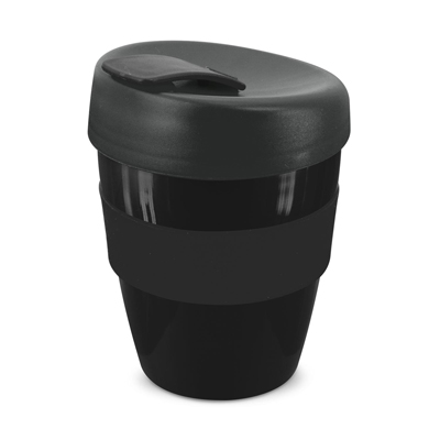 The Trends Collection Express Cup Deluxe 350ml is a reusable coffee cup with heat resistant band.  Screw on lid.  Great branded coffee drinkware promo product.