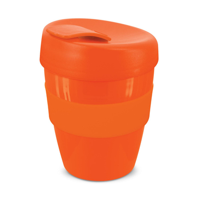 The Trends Collection Express Cup Deluxe 350ml is a reusable coffee cup with heat resistant band.  Screw on lid.  Great branded coffee drinkware promo product.