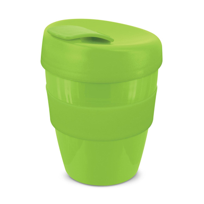 The Trends Collection Express Cup Deluxe 350ml is a reusable coffee cup with heat resistant band.  Screw on lid.  Great branded coffee drinkware promo product.