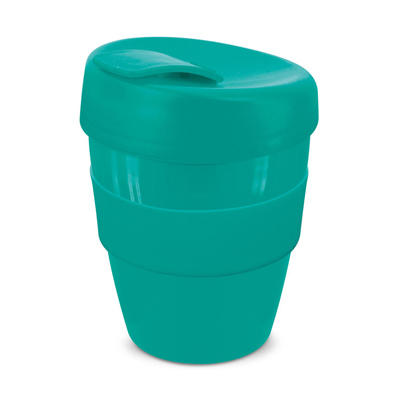 The Trends Collection Express Cup Deluxe 350ml is a reusable coffee cup with heat resistant band.  Screw on lid.  Great branded coffee drinkware promo product.
