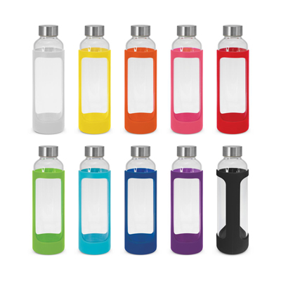 The TRENDS Venus Bottle Silicone Sleeve is a 600ml borosilicate glass drink bottle with soft touch silicone sleeve.  10 colours.  Print or engrave.
