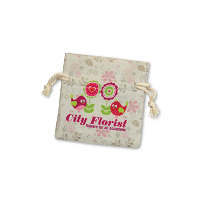The Trends Collection Turin Cotton Gift Bag is a small 140gsm cotton gift bag with white drawstrings.  Sublimation full colour printing.  Great custom branded gift bags.