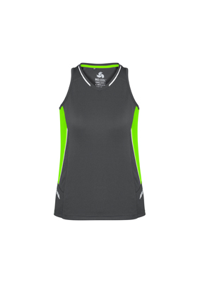 SG702L Biz Collection Womens Renegade Singlet Grey Fluoro Lime The Biz Collection Womens Renegade Singlet is made from 100% Biz Cool material. 155 gsm. Contrast panels. 6 -24. 13 colours. Great branded singlets and Biz Cool apparel