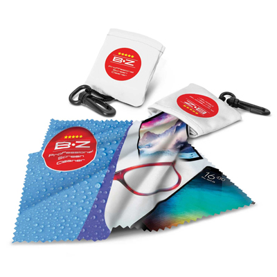 The Trends Collection Biz Screen Cleaner with clip is a 150mm square microfibre screen cleaning cloth folding away into a clip.  Great full colour screen cleaners & promo products.
