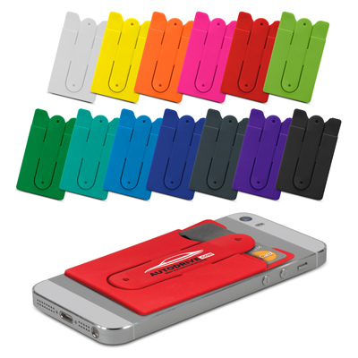 The Trends Collection Snap Phone Wallet is a soft touch silicone wallet with snap out phone stand.  13 colours.  Great branded phone wallets for your clients.