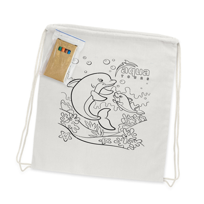 The Trends Collection Cotton Colouring Drawstring Backpack is an eco friendly 120gsm cotton drawstring backpack.  6 crayons.  Great branded kids backpacks.