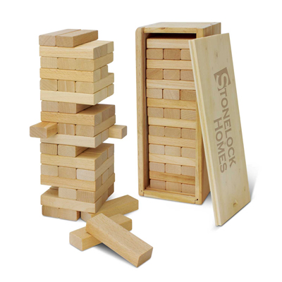 The Trends Collection Tumbling Tower is your favourite game of Jenga customised with your branding.  3 engraving positions.  Branded fun games.