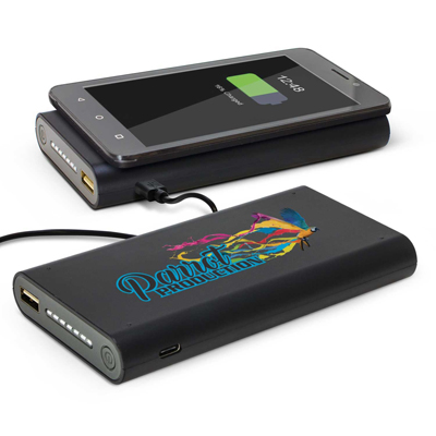 The Trends Collection Kronos Wireless Power Bank is the future of power banks.  In Black.  Great branded premium wireless power banks for your clients.