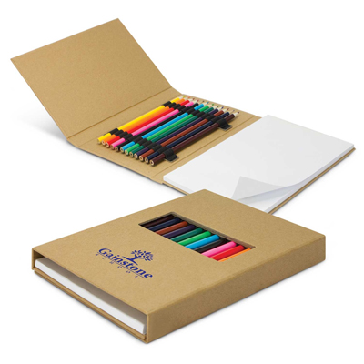 The Trends Collection Creative Sketch Set is a fold out set of 12 full size coloured pencils and medium size note pad.  Natural. Great branded eco promo products.