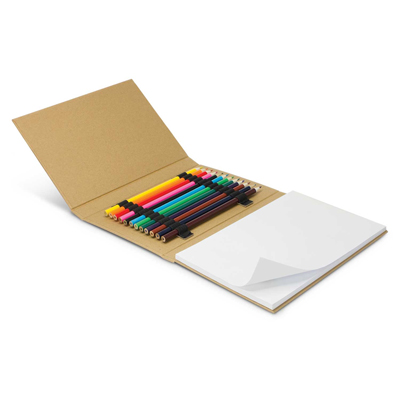 The Trends Collection Creative Sketch Set is a fold out set of 12 full size coloured pencils and medium size note pad.  Natural. Great branded eco promo products.