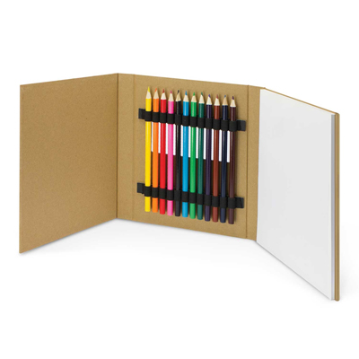 The Trends Collection Creative Sketch Set is a fold out set of 12 full size coloured pencils and medium size note pad.  Natural. Great branded eco promo products.