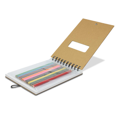 The Trends Collection Pictorial Note Pad is a top opening pad with 50 leaves of plain paper and 12 colouring pencils.  Great branded colouring set promo products.