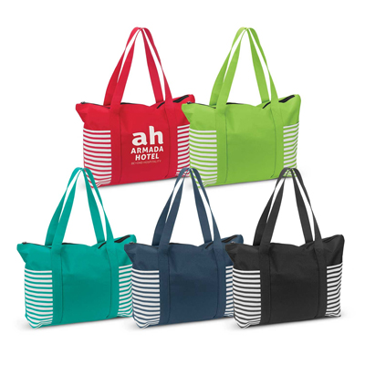 The Trends Collection Tahiti Tote Bag is a large tote bag with 2 striped slip pockets.  5 colours.  Great branded striped polyester tote bags.