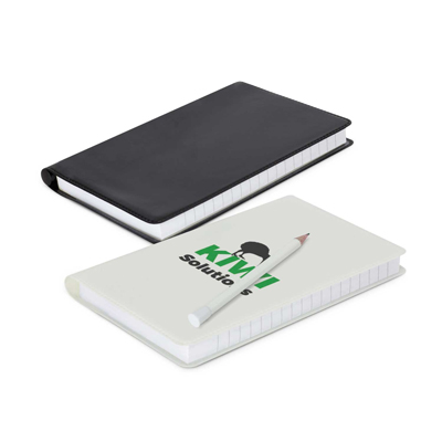 The TRENDS Maxima Notebook is a small pocket size notebook with flexible vinyl cover.  Supplied with Pencil. Black or White.