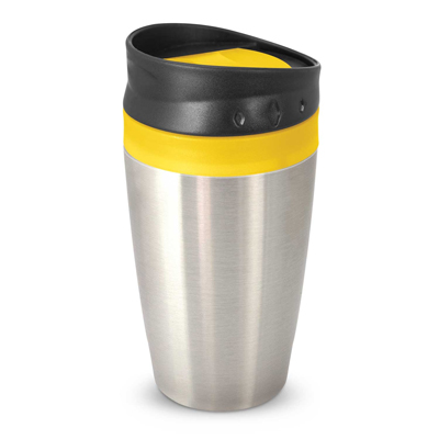 The Trends Collection Octane Coffee Cup is a 400ml double wall cup.  Stainless Steel outer. Screw on lid.  7 colours.  Great branded reusable coffee cups.