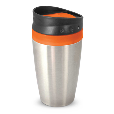 The Trends Collection Octane Coffee Cup is a 400ml double wall cup.  Stainless Steel outer. Screw on lid.  7 colours.  Great branded reusable coffee cups.