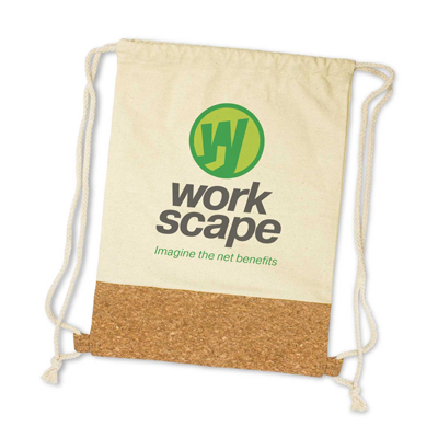The Trends Collection Oakridge Drawstring Bag is a smart tote bag made from 280gsm heavy cotton canvas.  Natural with cork front.  Great branded drawstring bags.