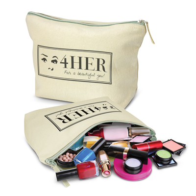 The Trends Collection Eve Cosmetic Bag is a large cosmetic bag with zip closure.  Natural unbleached cotton.  Great branded beauty promo bags.