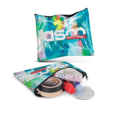 The Trends Collection Madonna Cosmetic Bag comes in 3 sizes.  Small cosmetic bag made in transparent plastic.  Black zip closure.  Full Colour branding.