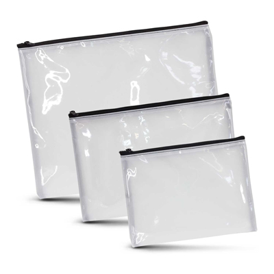 The Trends Collection Madonna Cosmetic Bag comes in 3 sizes.  Small cosmetic bag made in transparent plastic.  Black zip closure.  Full Colour branding.