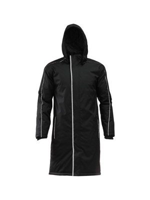 The Aurora Sideline Jacket is a knee length jacket. Great for sports teams. In Black or Navy. Showerproof. Hooded. XS - 7XL. Great branded apparel.