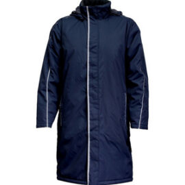The Aurora Sideline Jacket is a knee length jacket.  Great for sports teams.  In Black or Navy.  Showerproof.  Hooded.  XS - 7XL.  Great branded apparel.