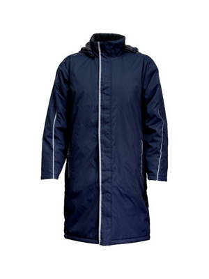 The Aurora Sideline Jacket is a knee length jacket. Great for sports teams. In Black or Navy. Showerproof. Hooded. XS - 7XL. Great branded apparel.