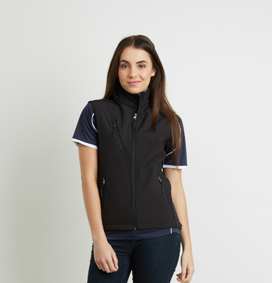 VSW Aurora Womens PRO2 Softshell Vest - Promotrenz The Aurora Womens PRO2 Softshell Vest is a bonded 3 layer softshell vest. High water resistance and breathability. In Black. Up to size 18. Great softshell vests.