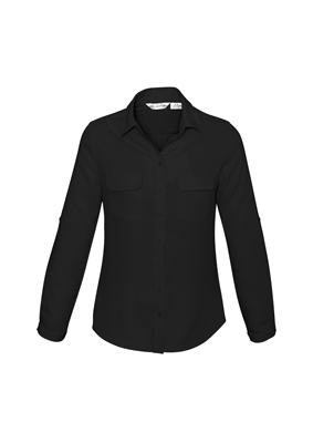 The Biz Collection Madison Long Sleeve Blouse is a mechanical stretch polyester blouse.  5 colours.  6 - 26.  Great long sleeve work blouses.