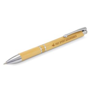 The Trends Collection Panama Bamboo Pen is a retractable bamboo ball pen with chrome accents.  Black Ink.  Great eco deluxe promo pen from Trends Collection.