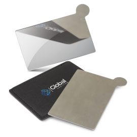 The Trends Collection Vanity Card Mirror is a pocket size polished stainless steel mirror in its own PU carry sleeve.  Great branded promo mirrors.