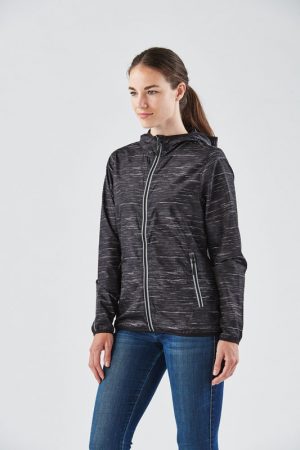 The Stormtech Womens Ozone Lightweight Shell has an elasticised hood, cuffs and hem. Great for mild environments. Waterproof resistant up to 600m. In Carbon.