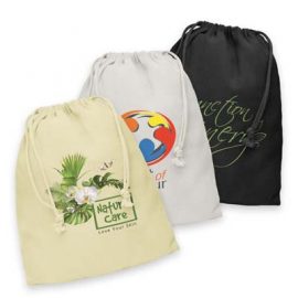 The Trends Cotton Gift Bag is a large drawstring gift bag made from cotton.  Natural, White & Black.  Great branded large cotton gift bags.