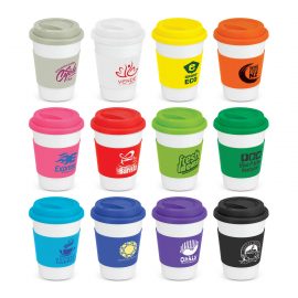 The Trends Collection Aztec Coffee Mug is a 350ml ceramic coffee mug with silicone band and push on lid.  White mug with 12 colour options for the band.