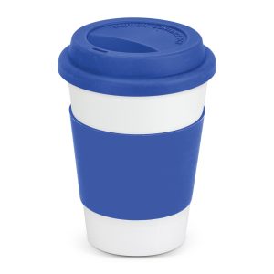The Trends Collection Aztec Coffee Mug is a 350ml ceramic coffee mug with silicone band and push on lid. White mug with 12 colour options for the band.