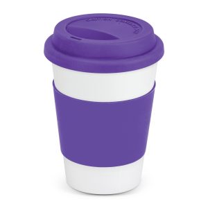 The Trends Collection Aztec Coffee Mug is a 350ml ceramic coffee mug with silicone band and push on lid. White mug with 12 colour options for the band.