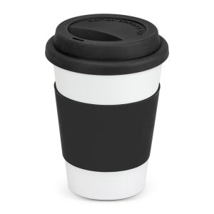 The Trends Collection Aztec Coffee Mug is a 350ml ceramic coffee mug with silicone band and push on lid. White mug with 12 colour options for the band.