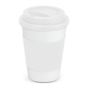 The Trends Collection Aztec Coffee Mug is a 350ml ceramic coffee mug with silicone band and push on lid. White mug with 12 colour options for the band.
