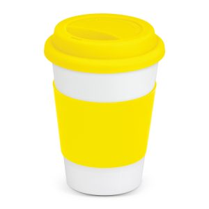 The Trends Collection Aztec Coffee Mug is a 350ml ceramic coffee mug with silicone band and push on lid. White mug with 12 colour options for the band.