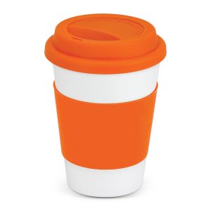 The Trends Collection Aztec Coffee Mug is a 350ml ceramic coffee mug with silicone band and push on lid. White mug with 12 colour options for the band.