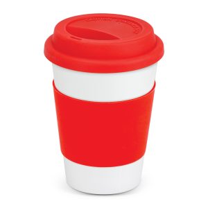 The Trends Collection Aztec Coffee Mug is a 350ml ceramic coffee mug with silicone band and push on lid. White mug with 12 colour options for the band.