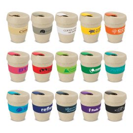 The Trends Collection Express Cup Natura is a reusable 350ml rice husk coffee cup with heat resistant band.  Screw on lid.  Great branded coffee drinkware promo product.
