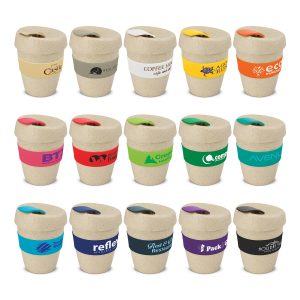 115581 Trends Collection Express Cup Natura - Promotrenz The Trends Collection Express Cup Natura is a reusable 350ml rice husk coffee cup with heat resistant band. Screw on lid. Great branded coffee drinkware promo product.