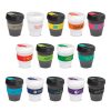 The Trends Collection Express Cup Deluxe Frosted is a reusable 350ml coffee cup with heat resistant band.  Screw on lid.  Great branded coffee drinkware promo product.