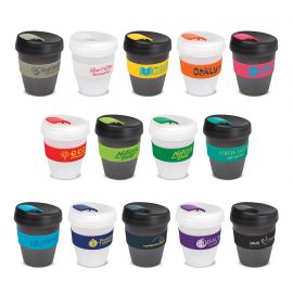 The Trends Collection Express Cup Deluxe Frosted is a reusable 350ml coffee cup with heat resistant band.  Screw on lid.  Great branded coffee drinkware promo product.