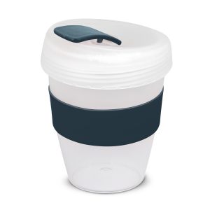 The Trends Collection Express Cup Deluxe Frosted is a reusable 350ml coffee cup with heat resistant band.  Screw on lid.  Great branded coffee drinkware promo product.
