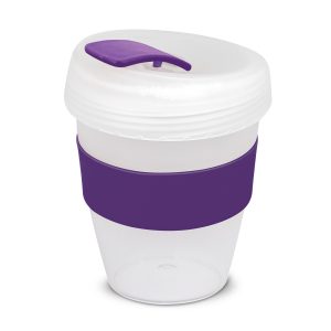 The Trends Collection Express Cup Deluxe Frosted is a reusable 350ml coffee cup with heat resistant band.  Screw on lid.  Great branded coffee drinkware promo product.
